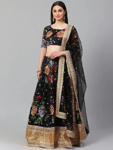 Black & Grey Printed Semi-Stitched Myntra Lehenga & Unstitched Blouse with Dupatta